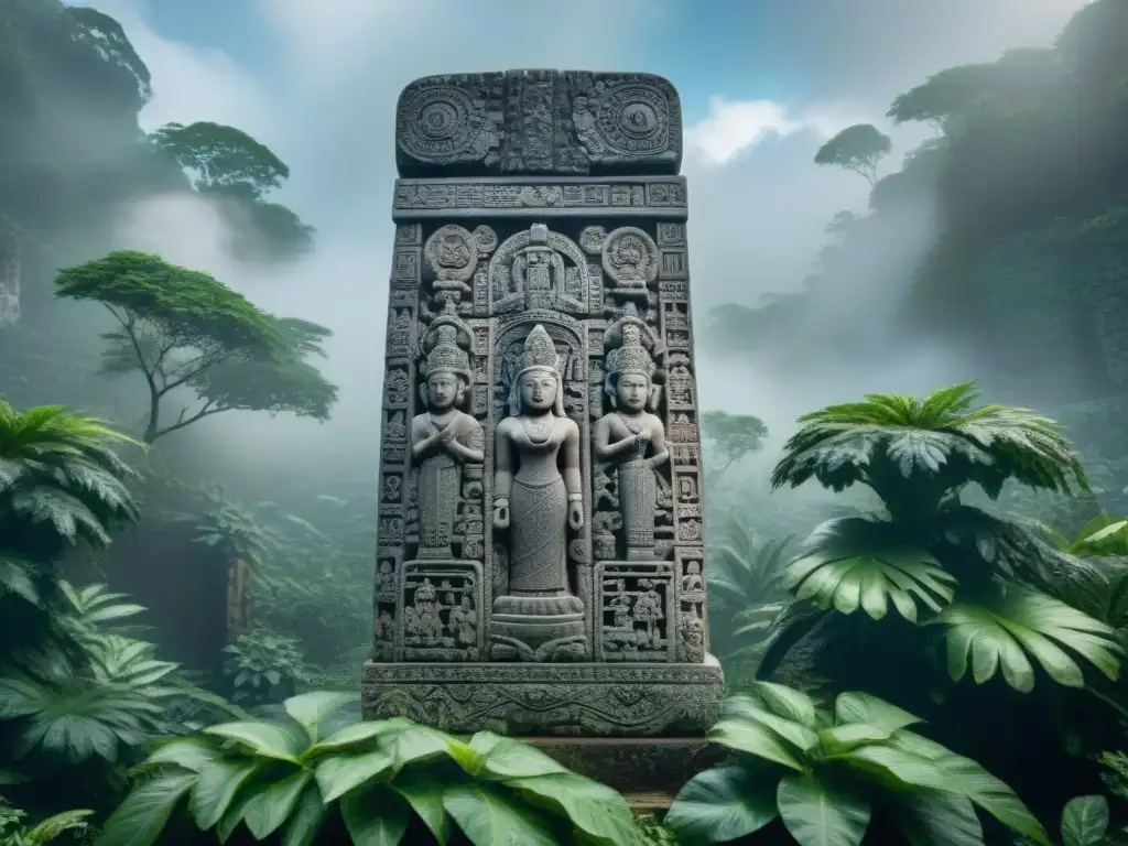 Estela tallada: Abuelos de la Creación en la mitología maya Relieve de piedra de los Abuelos Creadores en la mitología maya, rodeados de símbolos cósmicos en la jungla