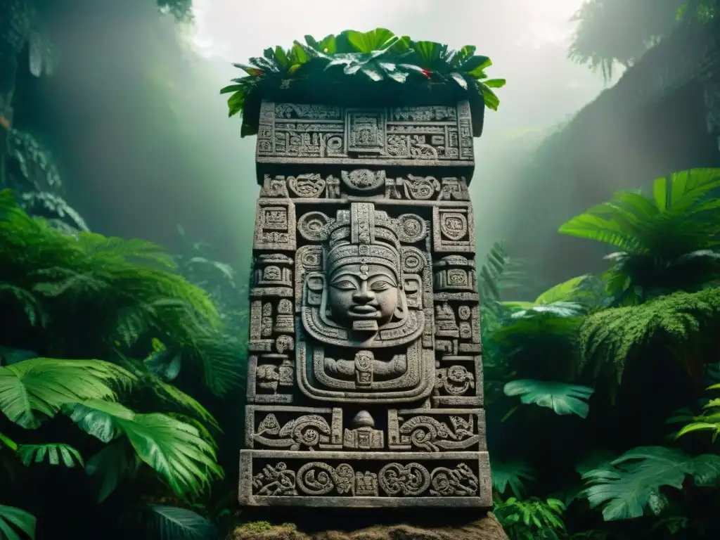 Relieve de piedra tallado con el glifo maya de 'vida' en la exuberante selva, iluminado por rayos de sol