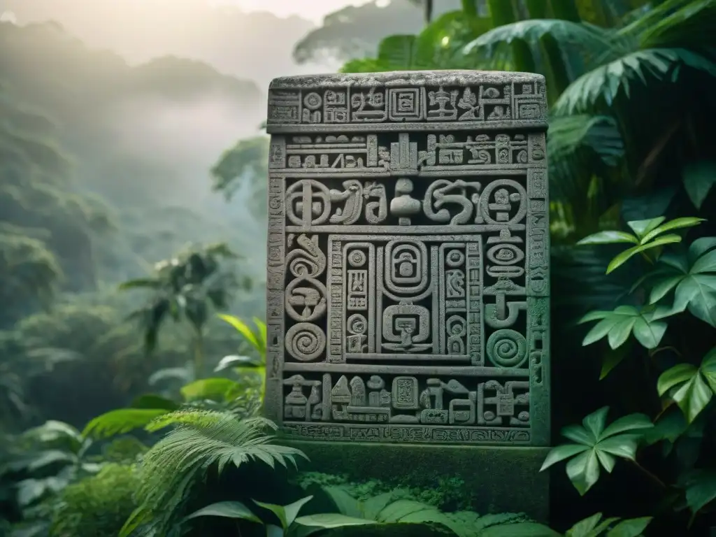 Relieve de piedra tallado con glifos mayas y patrones geométricos, iluminado por la tenue luz del amanecer en la selva