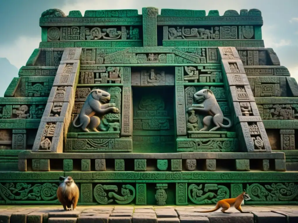 Relieves mayas detallados de fauna como jaguares, monos y aves, iluminados por el sol