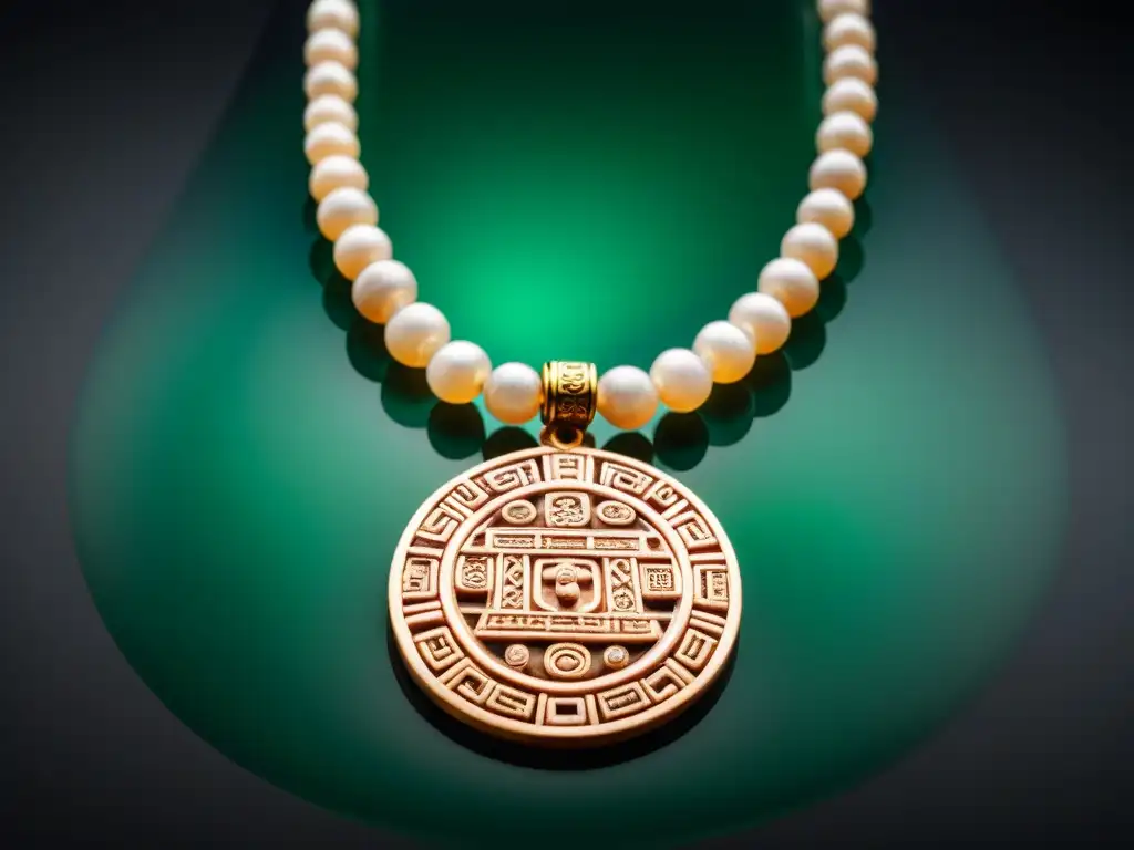 Una réplica detallada de un collar maya de jade con glifos tallados, resaltando la artesanía y cultura maya