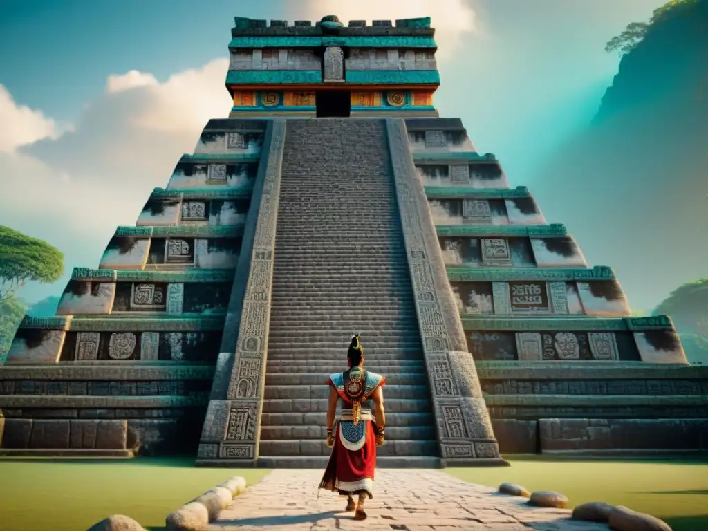 Réplicas mayas educativas digitales: detallada recreación digital de un templo maya con texturas de alta resolución y ricos detalles arquitectónicos