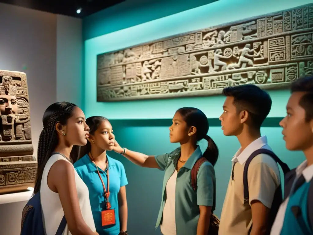 Un guía ilumina réplicas mayas, cautivando a niños con educación cultural