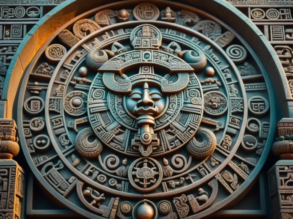 Una representación detallada del calendario maya esculpido en piedra, destacando la influencia astronomía escritura maya en la cultura ancestral