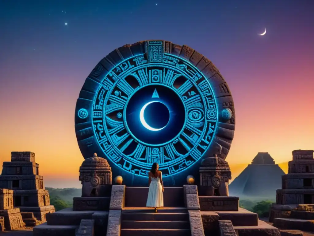 Una representación detallada en 8k del calendario maya, con eventos celestiales y un eclipse solar, iluminando un templo maya en la noche estrellada