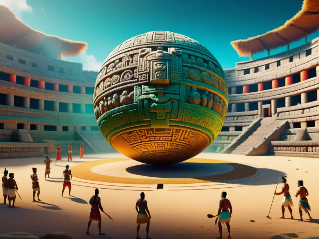 Juego de pelota maya: realidad aumentada vibrante y detallada Una representación detallada en realidad aumentada del juego de pelota maya, con elementos vibrantes y una arquitectura intrincada