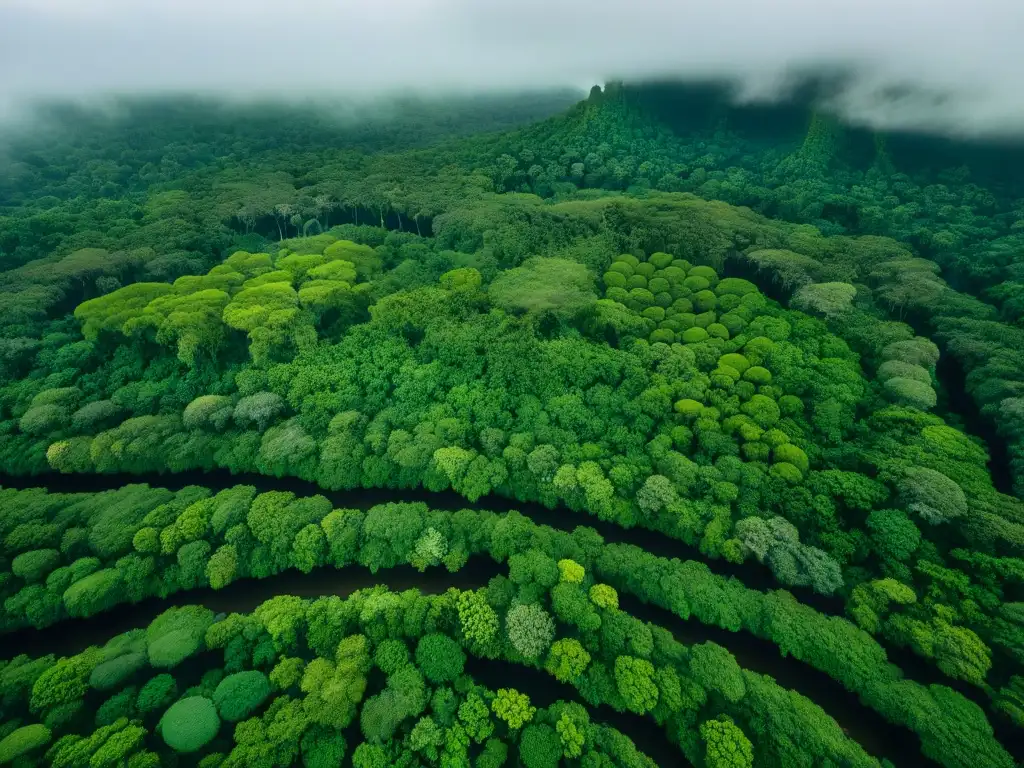 Reserva natural maya: dosel verde exuberante, ríos serpenteantes y ruinas antiguas entre la vegetación