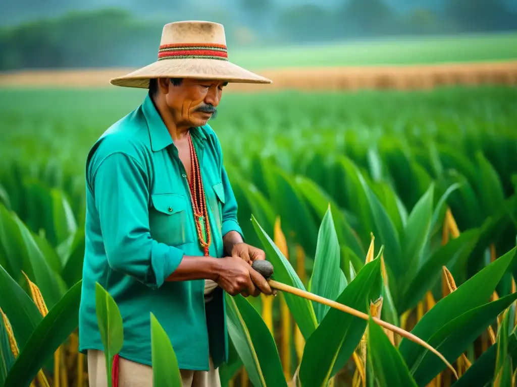 Resiliencia de la cultura maya: detallada imagen de agricultor en campo de maíz vibrante, mostrando técnicas ancestrales