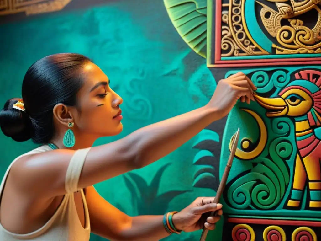 Restauración de arte maya tradicional: Un artesano restaura con delicadeza un mural maya vibrante en un antiguo templo