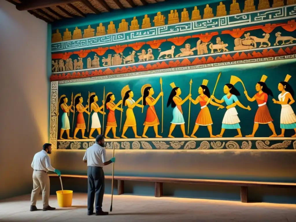 Restauración de arte maya tradicional: Equipo de restauradores cuidadosamente preservando un vibrante mural maya en un templo antiguo