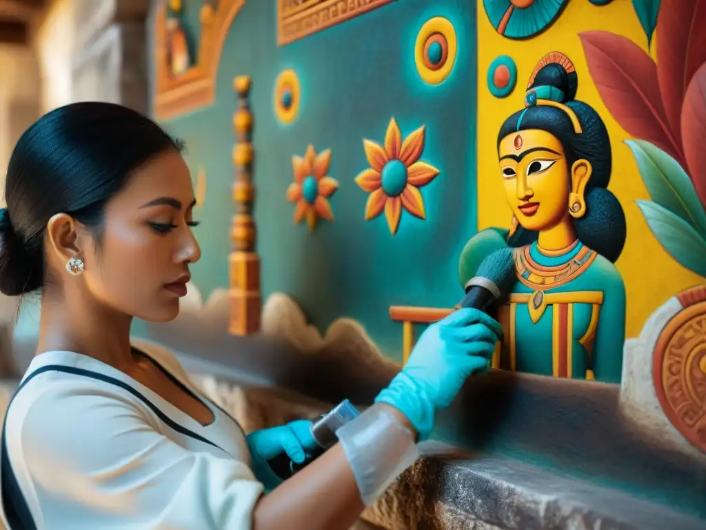 Restauración de pinturas murales mayas: experto delicadamente limpiando y reparando obras con innovaciones y precisión