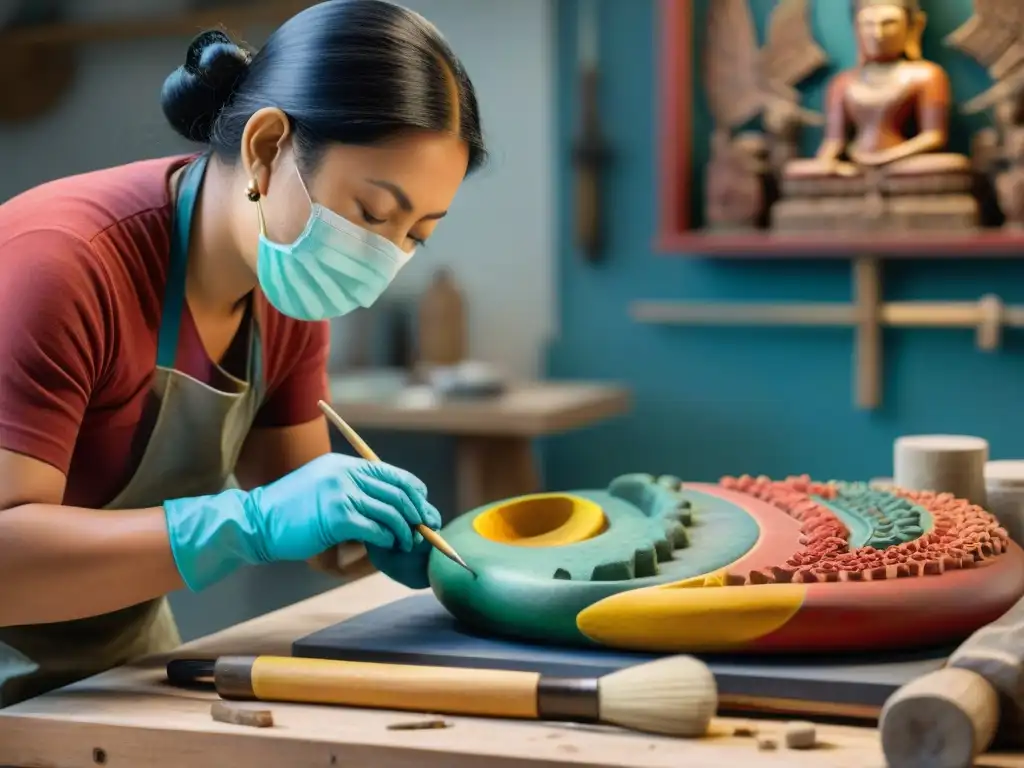 Un restaurador experto revive los colores de una escultura maya con meticulosidad y destreza