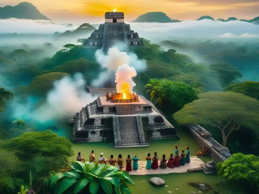 Retiro espiritual en civilización maya: Ceremonia al amanecer en la jungla con textiles y humo de incienso