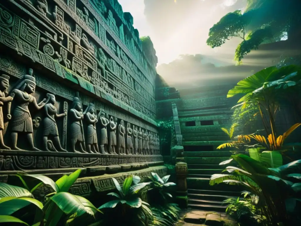 Retiro espiritual en civilización maya: misteriosos jeroglíficos tallados en templo en la selva, iluminados por la luz del sol