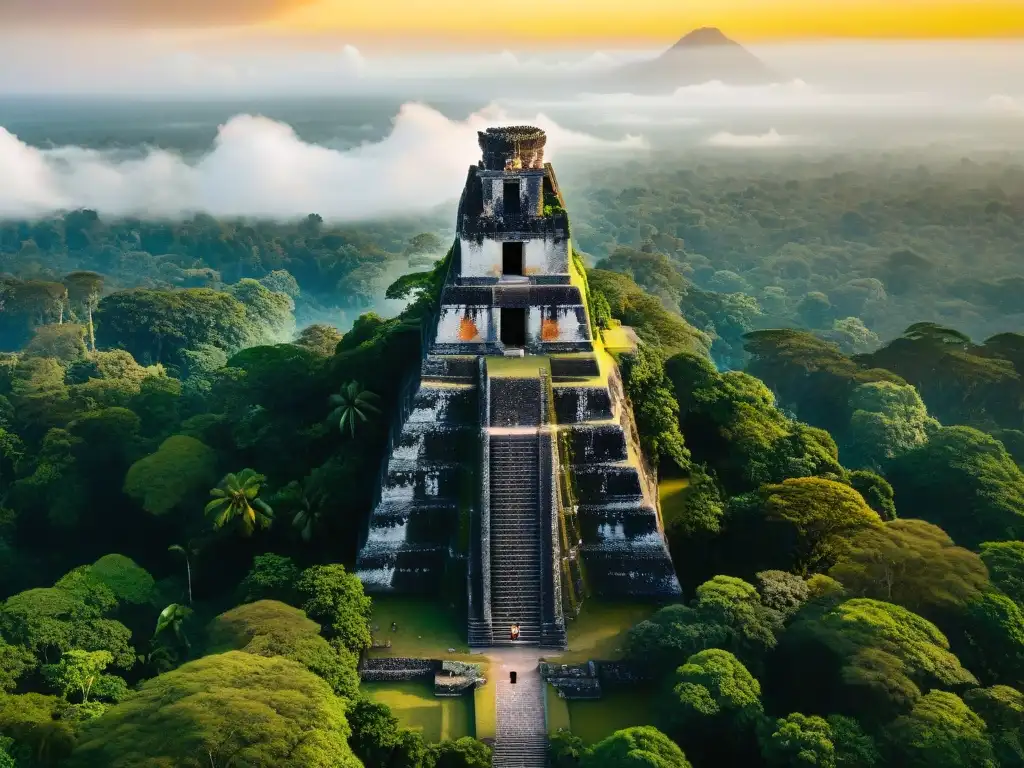 Retiro espiritual en templos mayas: vista aérea impresionante de Tikal entre la exuberante selva de Guatemala al amanecer