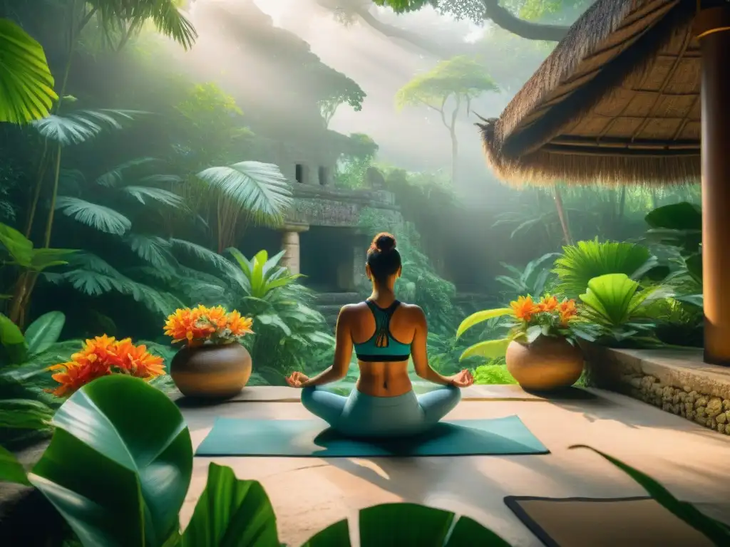 Retiro de bienestar vida maya: grupo variado practicando yoga en la selva con ruinas antiguas y exuberante vegetación