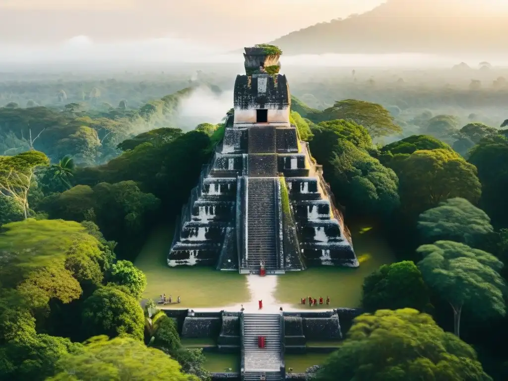 Retiros de bienestar en la vida maya: Antigua ciudad maya de Tikal al atardecer, con participantes practicando yoga
