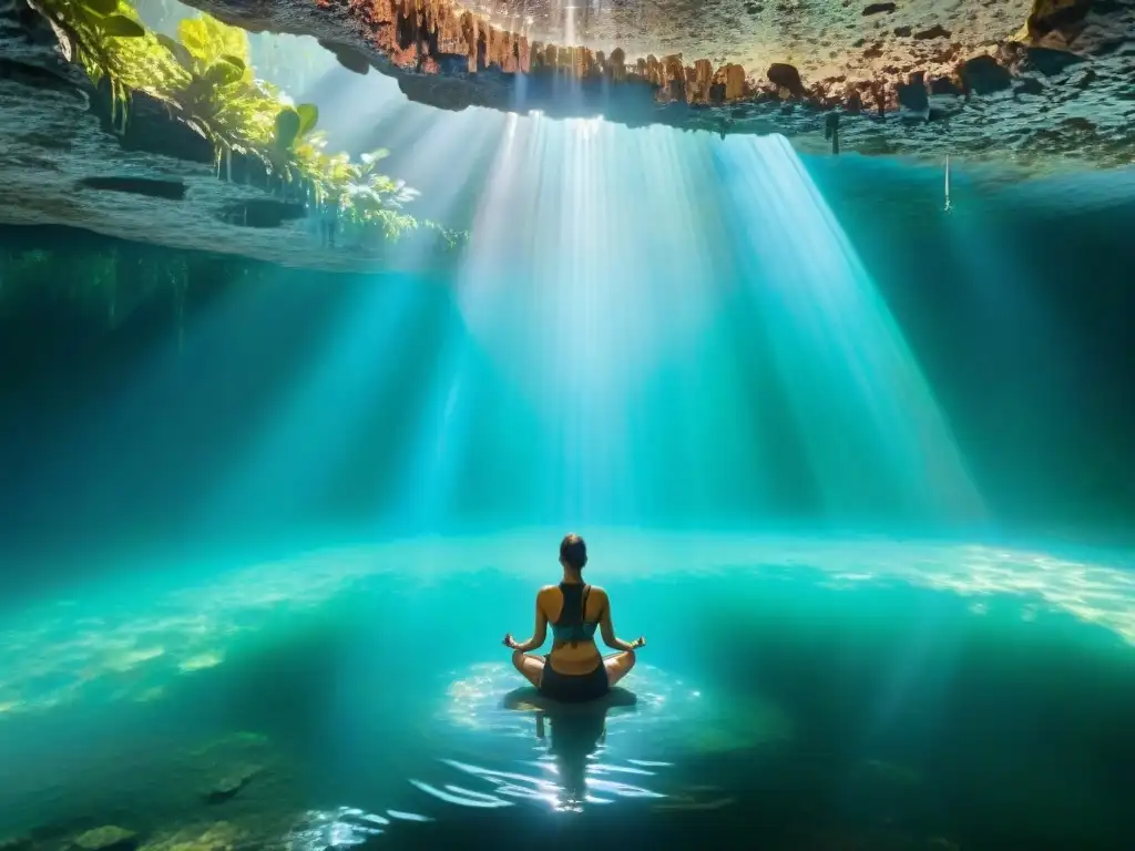 Retiros espirituales en cenotes mayas: aguas turquesas, selva exuberante, luz mágica y meditación serena