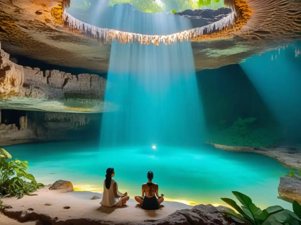 Retiros espirituales en cenotes mayas: Meditación colectiva en un cenote maya con aguas turquesas y vegetación exuberante bajo la luz cálida del sol