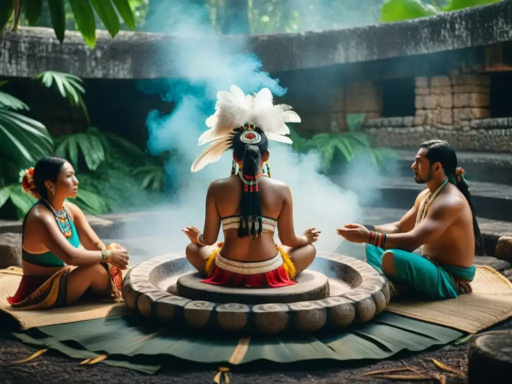 Retiros de bienestar vida maya en temazcal con chamán, rodeados de naturaleza exuberante y ruinas antiguas