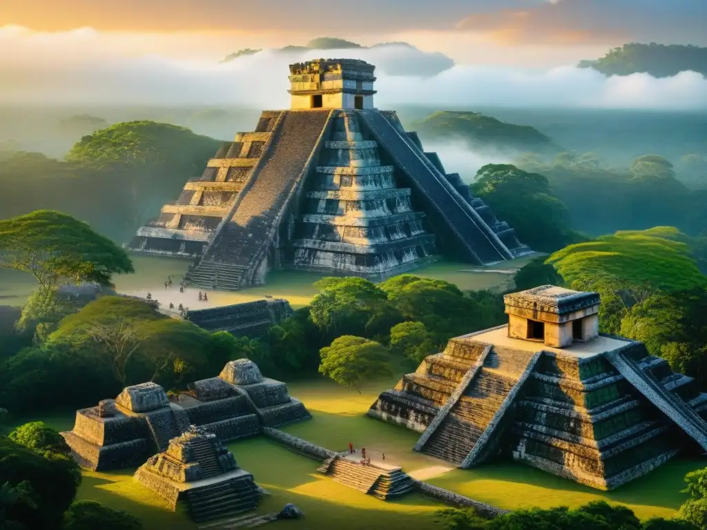 Retiros mayas espirituales: amanecer dorado sobre ruinas antiguas, chamanes en ritual, misterio y cultura