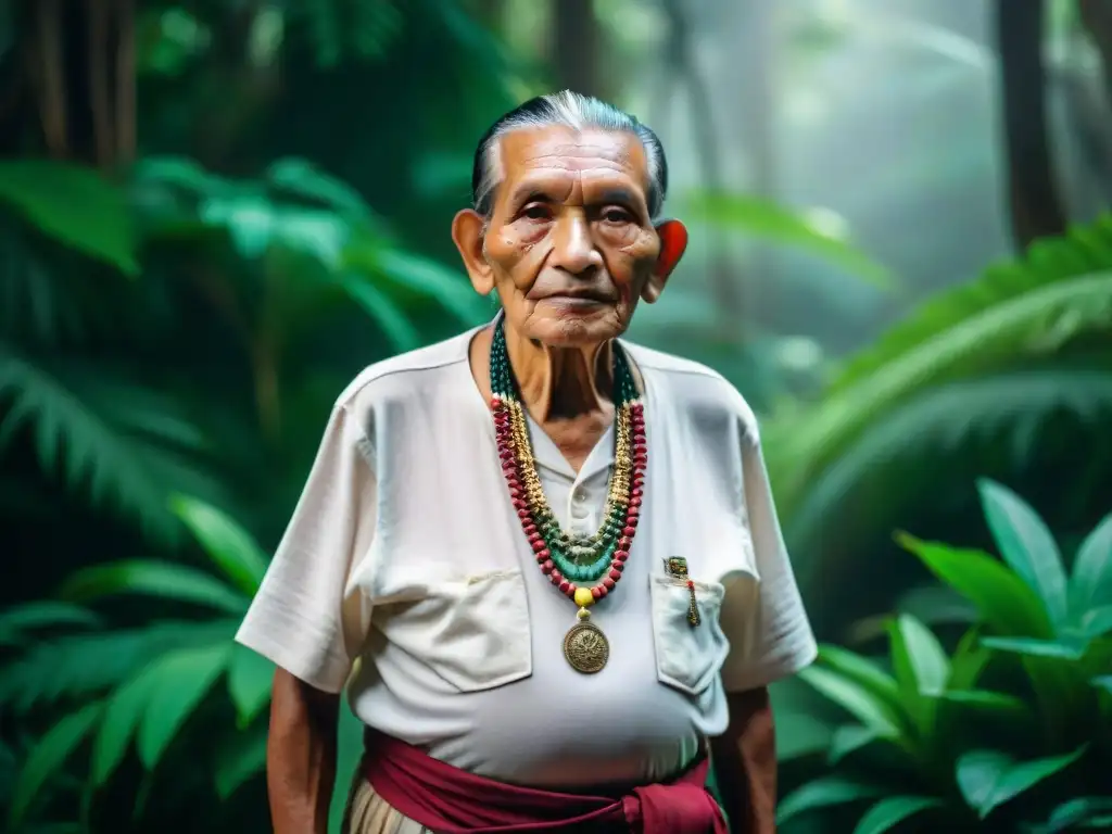 Retrato de un anciano maya en vestimenta tradicional, rodeado de exuberante vegetación