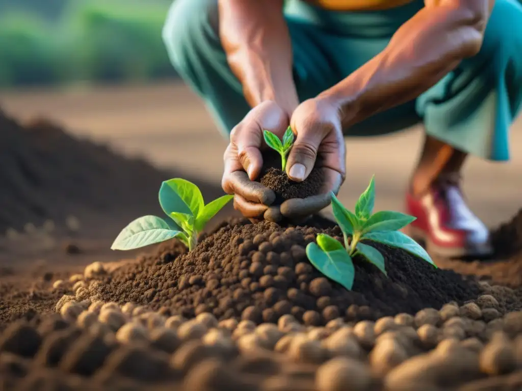 Un retrato detallado de un agricultor maya plantando semillas en la tierra fértil, transmitiendo sabiduría ancestral y sostenibilidad