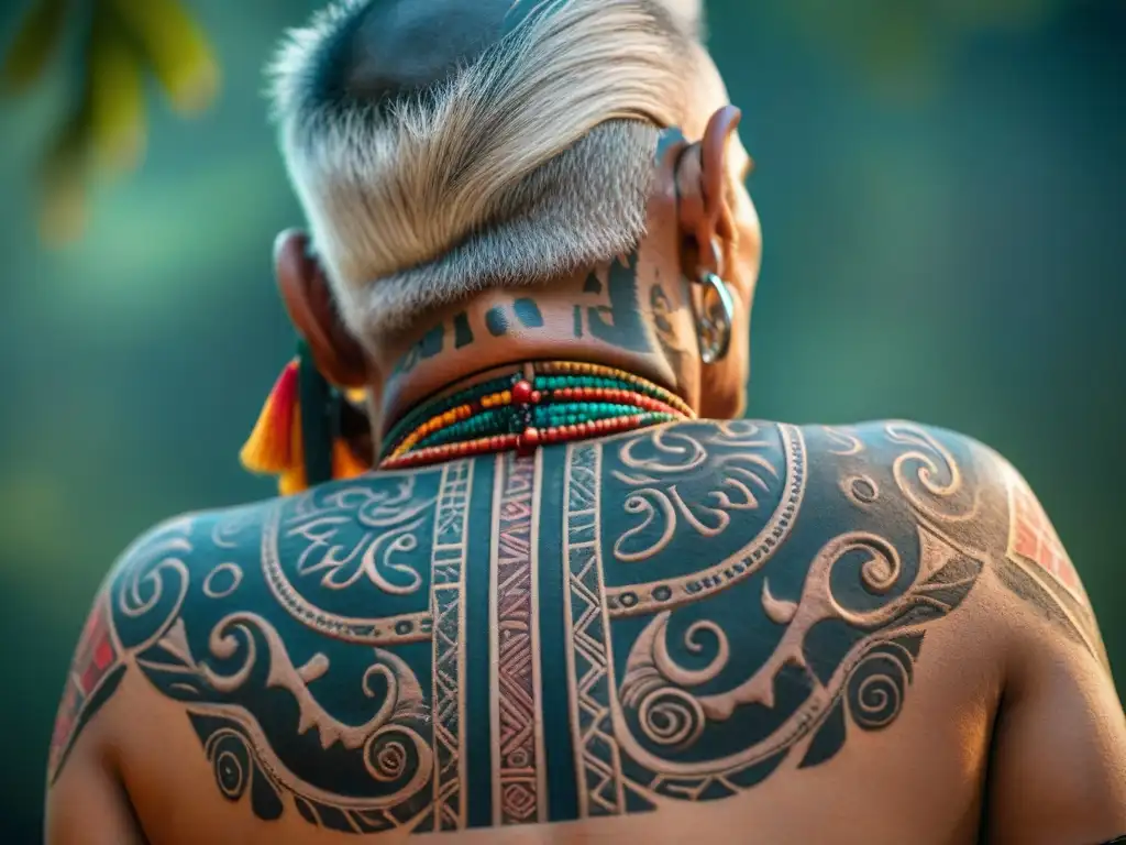 Un retrato detallado de un anciano maya con tatuajes y escarificaciones, revelando historias de tradiciones antiguas