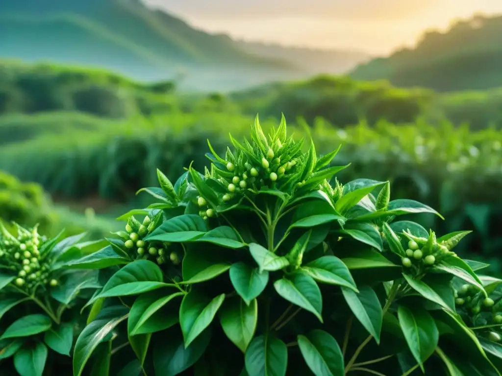 Un retrato detallado de un exuberante y vibrante plantío de pimientos Tabasco en flor, con abejas polinizando