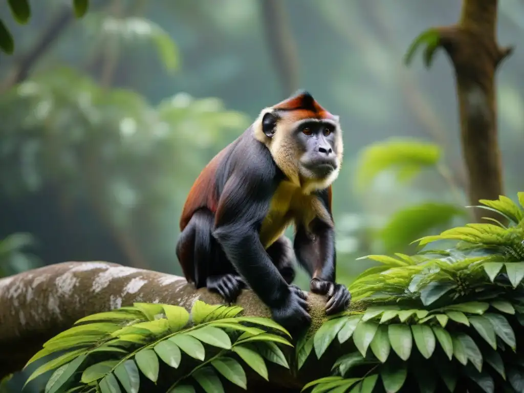 Retrato detallado de un majestuoso mono aullador en la selva de Guatemala, destacando la importancia primates en mundo Maya