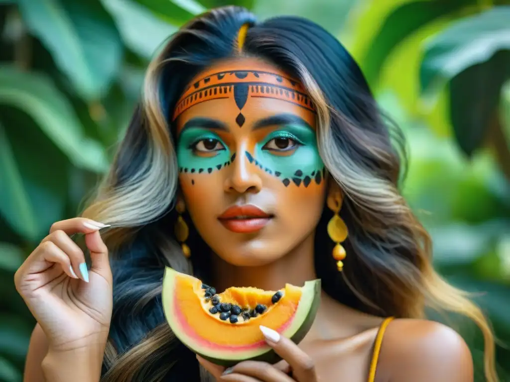 Retrato detallado de una mujer maya con papaya, fusionando tradición y belleza natural en una exuberante selva