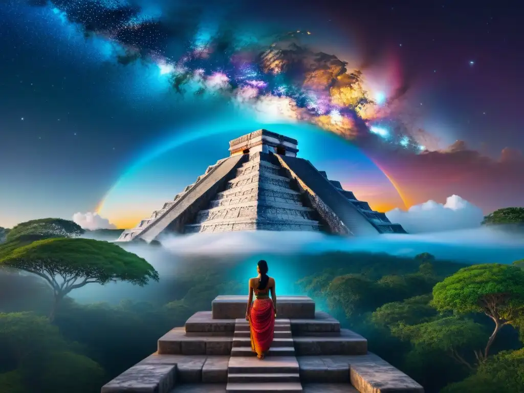 Un retrato detallado y vibrante de los cosmos mayas, mostrando capas celestiales con energía y misticismo