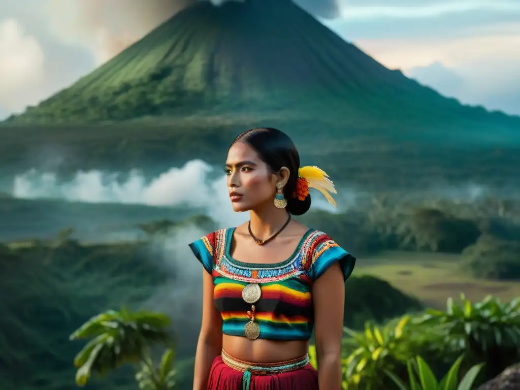 Retrato de María en paisaje guatemalteco, resaltando su vestimenta maya y expresión, con el volcán Pacaya humeante al fondo