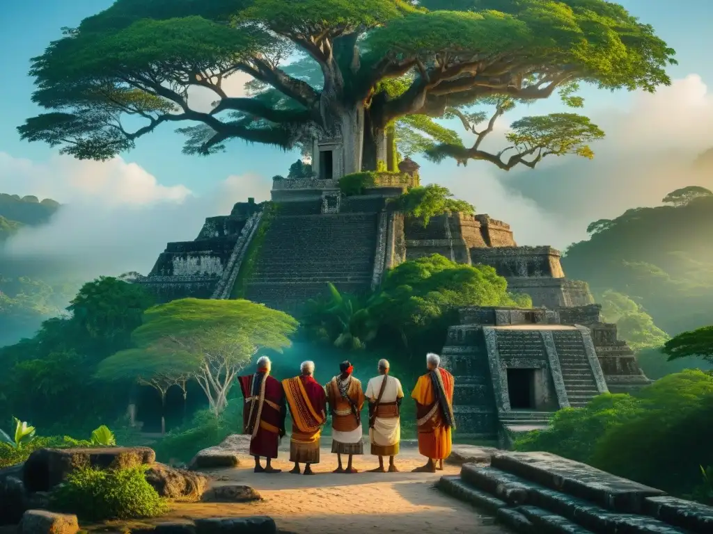 Reunión de ancianos mayas bajo un Ceiba sagrado al atardecer