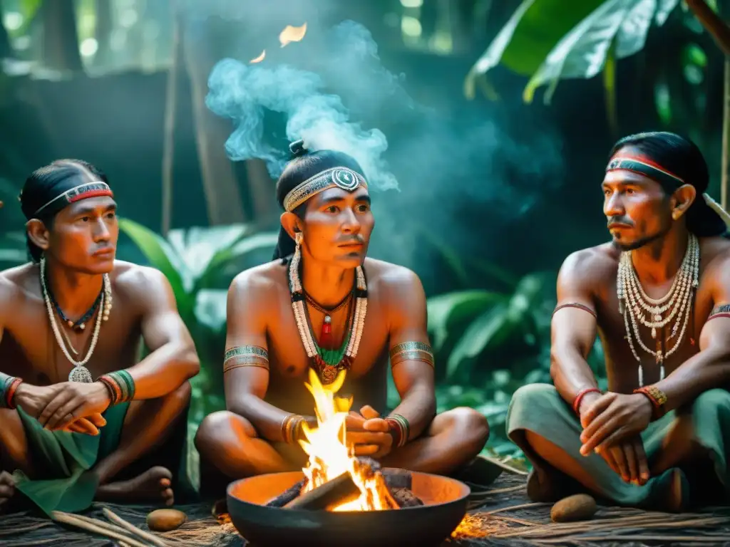 Reunión de curanderos y sabios mayas en ceremonia de sanación alrededor del fuego en la selva