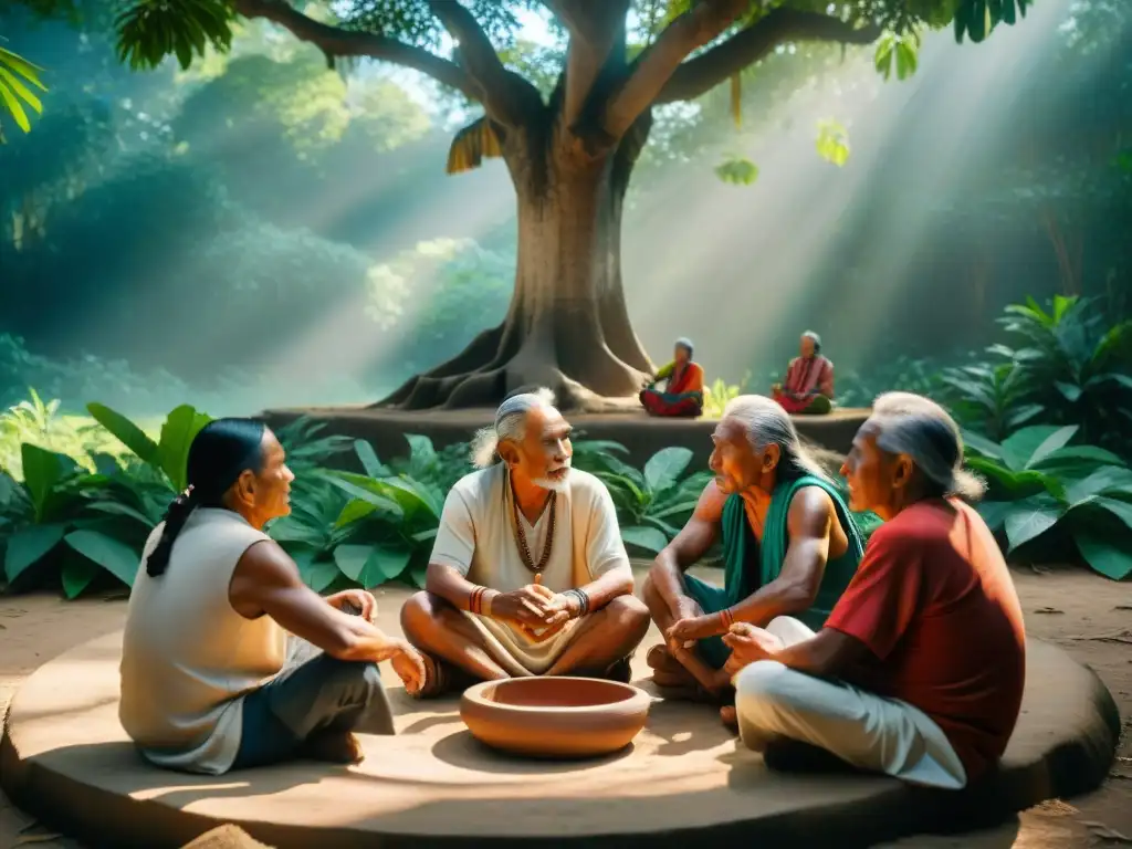 Consejo sabio: ancianos mayas bajo ceiba en la selva Reunión de sabios mayas bajo un ceiba milenario en la selva, conservando la herencia maya