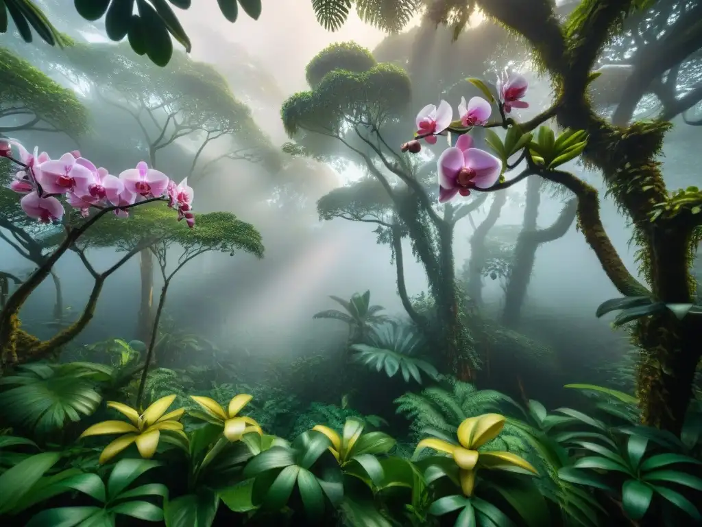 Un rincón místico en la Selva Maya: orquídeas vibrantes y una neblina misteriosa entre árboles antiguos