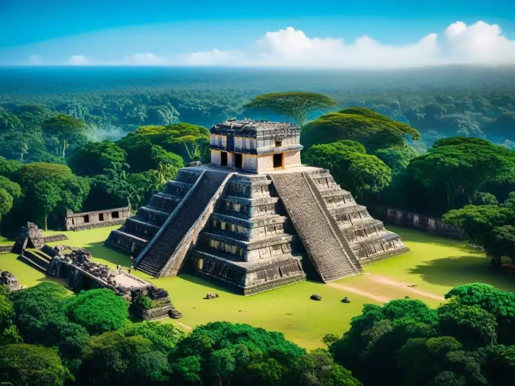 Explora la riqueza cultural de un sitio arqueológico maya, mostrando detalladas esculturas y arquitectura antigua en la jungla