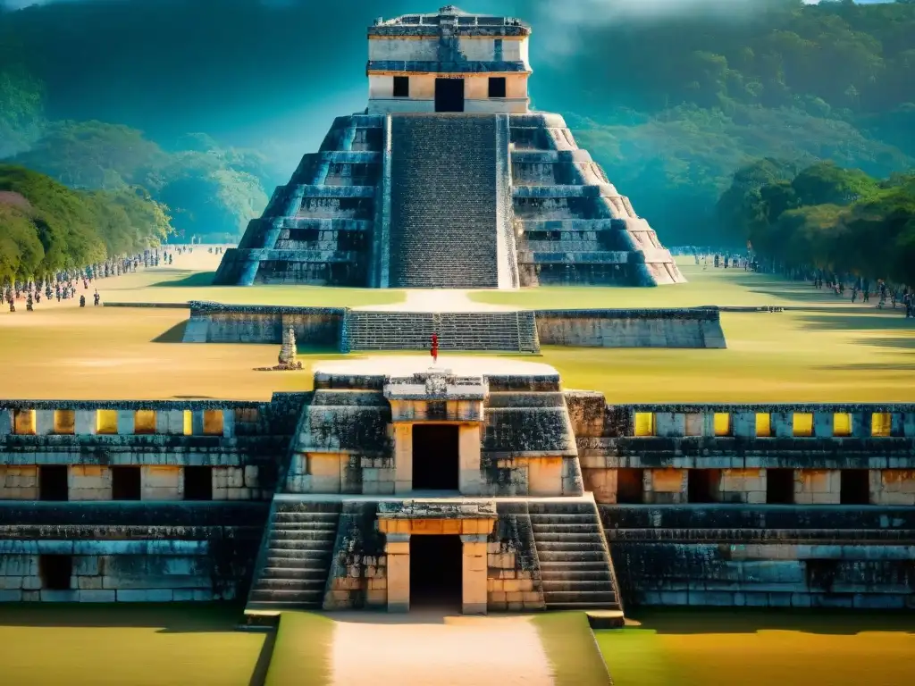 Rito arquitectónico en civilización maya: Detalles de la Gran Cancha de Chichén Itzá, México, con relieves de deidades y atletas mayas