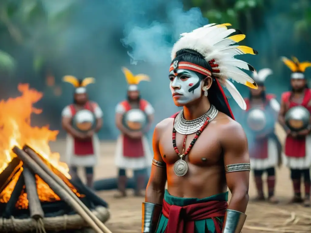 Rito de paso de jóvenes guerreros mayas en ceremonia ancestral alrededor del fuego en la selva