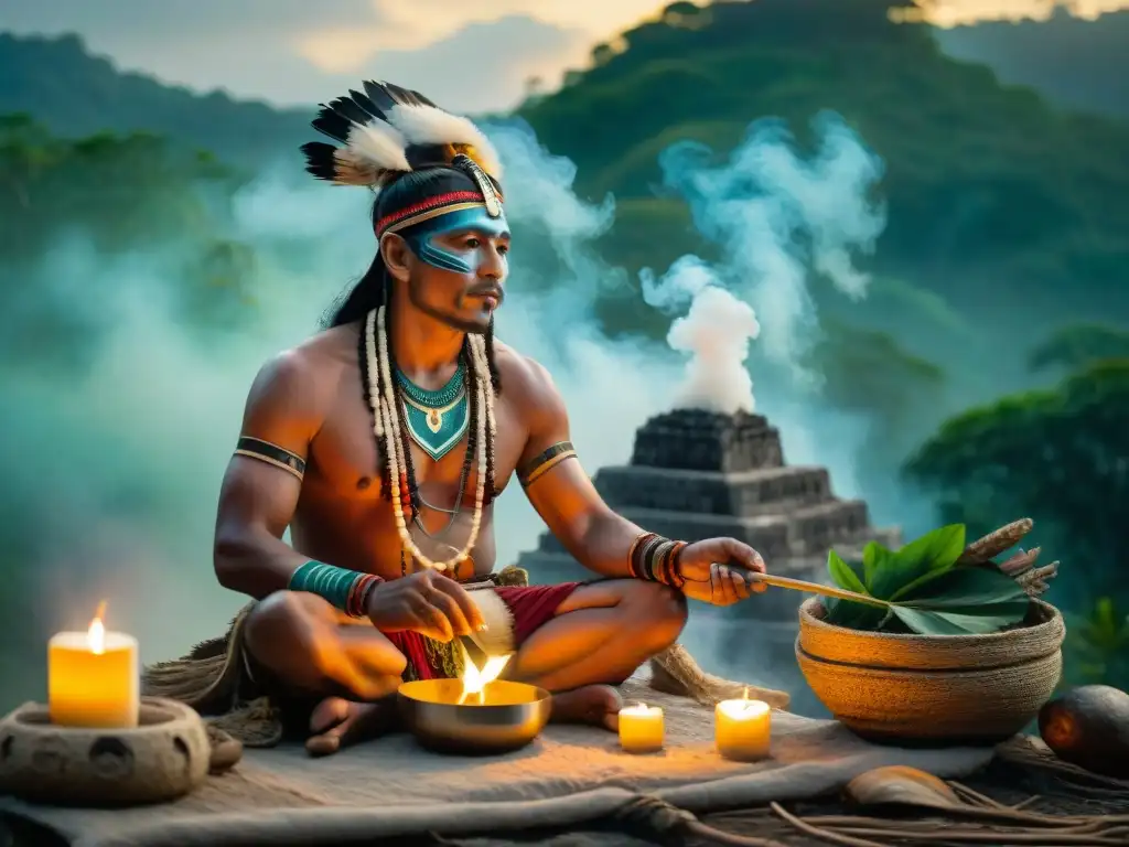 Ritos de purificación mayas: Un chamán maya realiza un ritual al amanecer entre humo de copal y velas, en la selva neblinosa