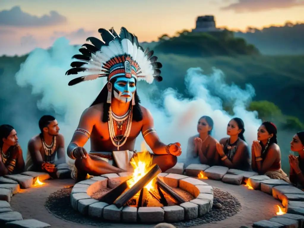 Ritos de paso mayas: iniciación ancestral en la luz cálida de la fogata, chamanes y participantes en trajes tradicionales