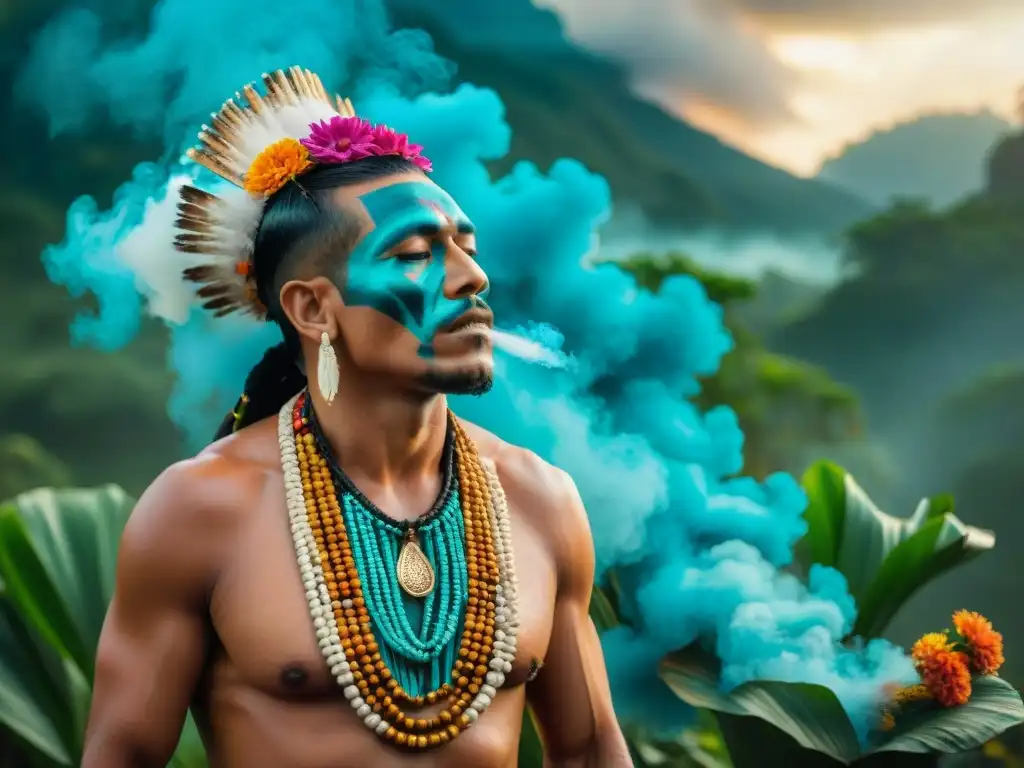 Ritos de purificación mayas en la selva de Guatemala: un chamán realiza un ritual entre ruinas antiguas y humo de copal