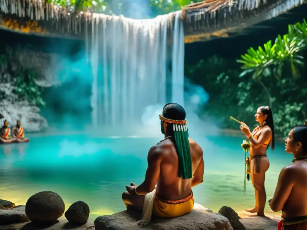 Ritos de purificación mayas turismo: Guerreros mayas en ritual sagrado junto a un cenote místico