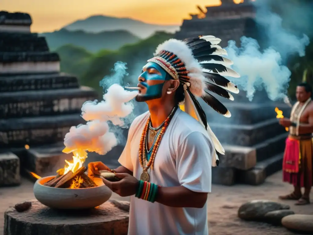 Ritos de purificación mayas turismo: Un ritual maya tradicional al amanecer, con humo de copal y chamanes en ruinas antiguas