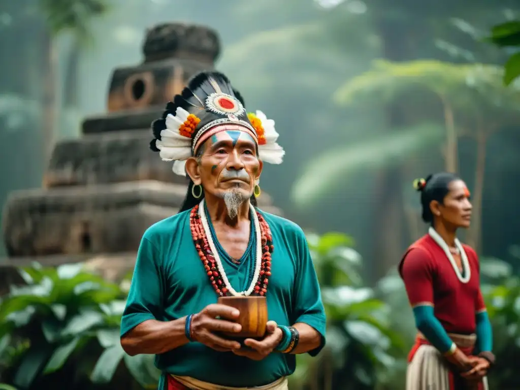 Ritual ancestral: shaman maya bebiendo balché en la selva con ruinas antiguas de fondo