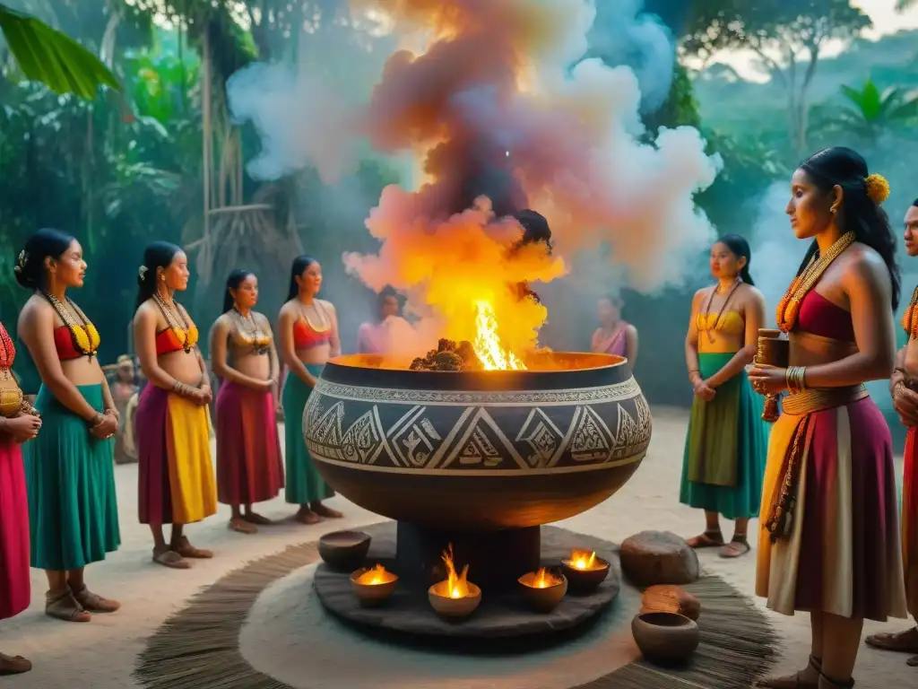 Ritual ancestral: Mayas en traje tradicional alrededor de vasija con balché en la selva