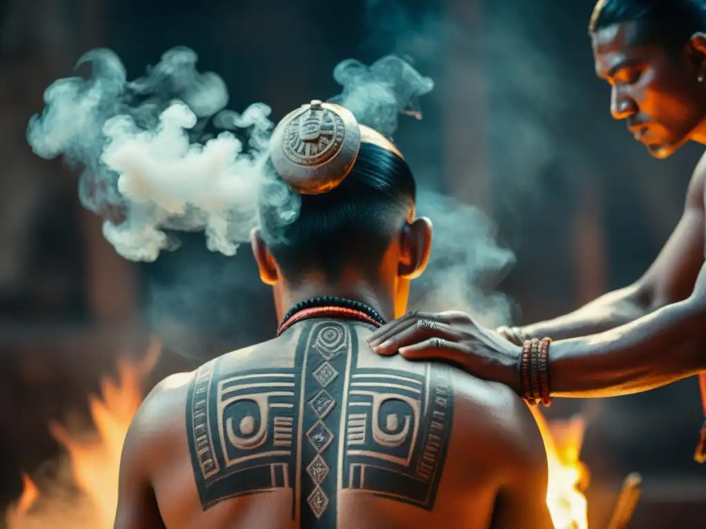 Ritual de arte corporal en civilización maya: Chamán maya grabando símbolos en la espalda de un iniciado