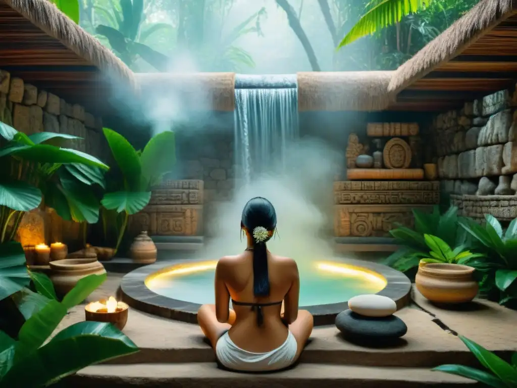 Ritual de baño de vapor maya en la selva, con detalles de hierbas y hieroglíficos