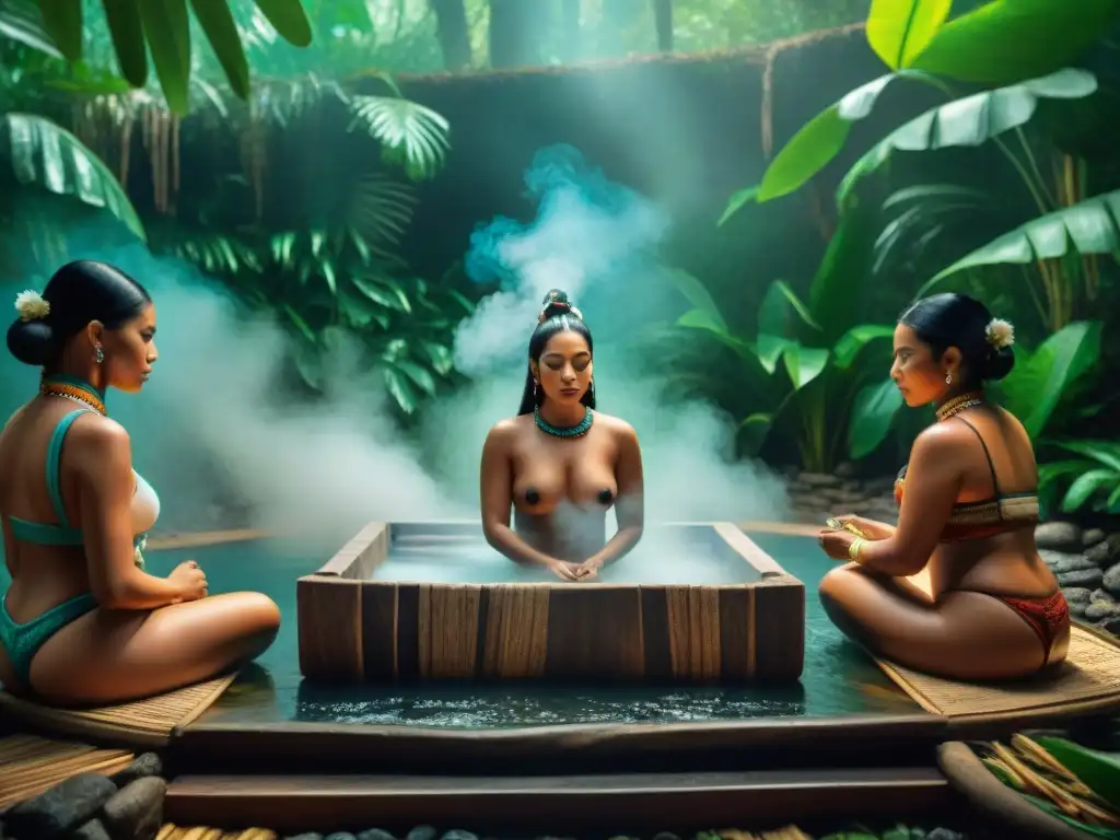 Ritual de baños de vapor mayas en la selva con participantes indígenas y elementos ceremoniales